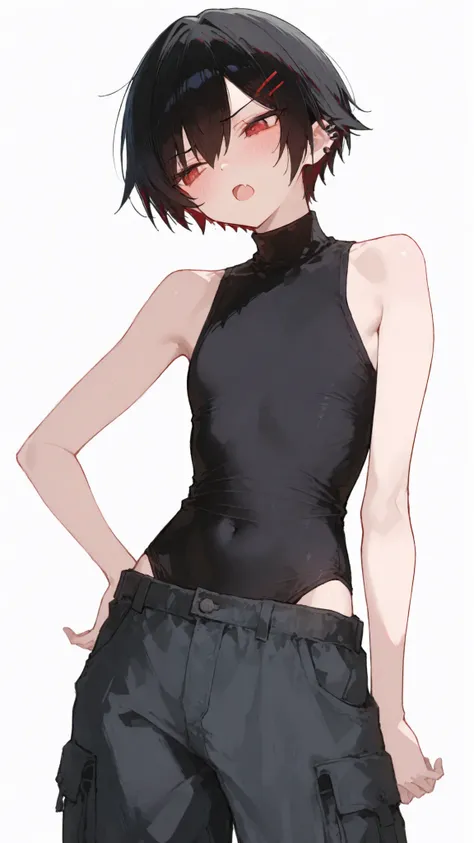 girl,Black hair,Red Eyes,short hair, Tomboy, Two-piece turtleneck in black,hairpin,standing,white background,Cargo Pants,cute,flat chest,thinเพรียว,Sleeveless Shirt, Tsundere fang, Open mouth, tomboyish,, nice body,thin, High-Rise Pants ,Ear piercing,