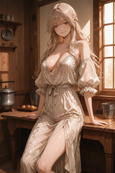 late 19th century American frontier girl, sepia tone, faded colors, heavy film grain, scratched and creased edges, soft vignetting, slight blur, high contrast, vintage silver gelatin print style, full‑body view of a seductive pioneer girl with a lean physi...