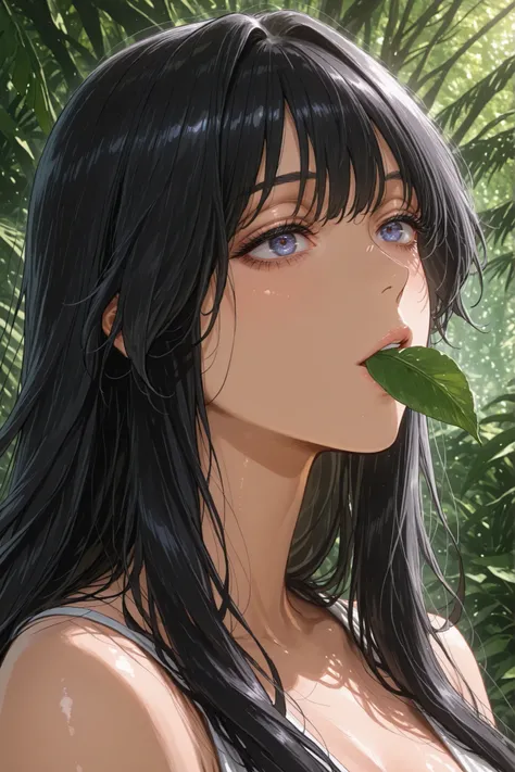  The ultimate close-up of the face of a wild shy naked Brazilian Indian jungle girl, With gentle wild shy mysterious eyes, sinnlichen Lippen, long black silky hair blowing in the wind, bronzefarbener Haut, that lurks out between the leaves of the thick ste...