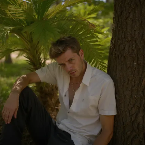 photography of a man, 8k, hard part (hairstyle), jürgen teller, propped up on one hand (sitting or standing), leaning against a tree, Stromanthe, Track