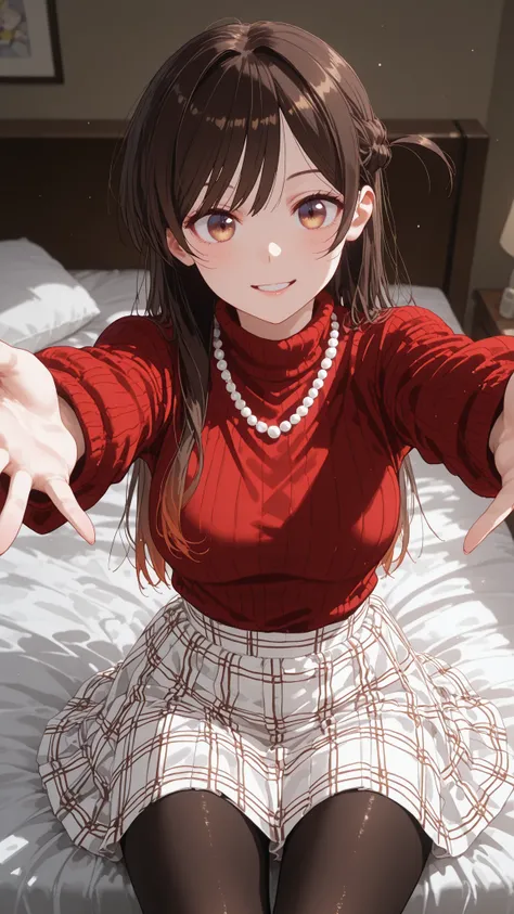 catchLight:1.3,Mizuhara Chizuru,View Me,parted lips smile,red turtleneck knit,Red Shoulder Ruffle Sweater,Check white middle skirt,brack pantyhose,(Dark Brown and Light Brown Gradient Iris Eye:1.2),(imminent hug:1.4),(pearl necklace:1.3),above the number o...