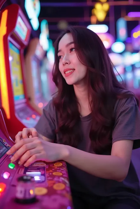 This is a live action image。 wide angle view, indonesian Game Center (time zone) ,COIN GAME MACHINE,COIN DROP GAME CONSOLE,1人の女性がCOIN DROP GAME CONSOLEで遊んでいます,