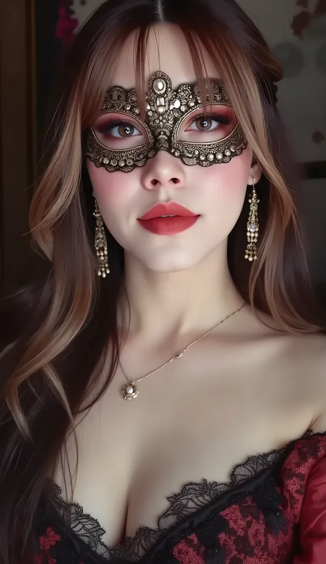 close up on face, great lighting, intricate detail, stunning oriental female battle mage, long two-toned hair, bangs, blonde with red highlights, jewelled earrings, dark eye-make-up, red lips, mask and cape from a masquerade ball, sheer silk dress with clo...