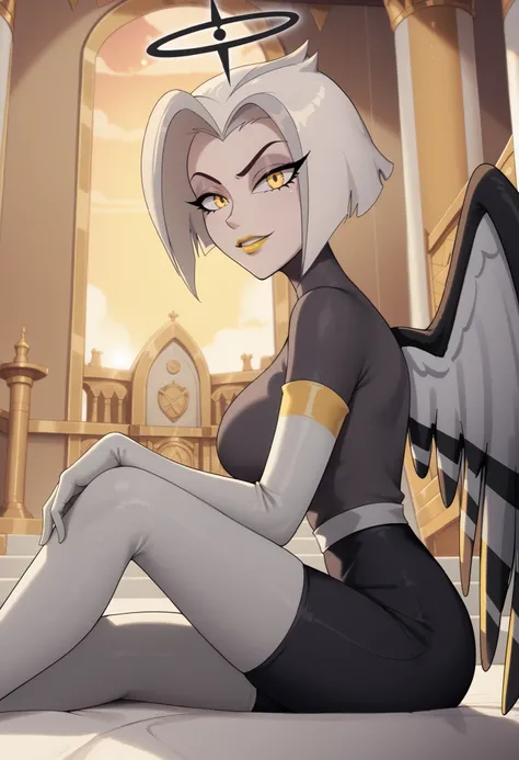 Woman, anime style, large breasts, yellow lipstick, white skin, yellow eyes, white hair, focus on the character, looking at the viewer, angel wings, solo, sitting on a golden throne, side view, illuminated room, white room, golden sky, yellowish sky, gray ...