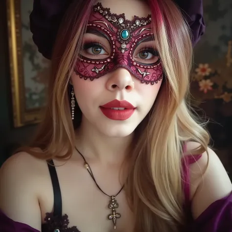 close up on face, great lighting, intricate detail, stunning oriental female battle mage, long two-toned hair, bangs, blonde with red highlights, jewelled earrings, dark eye-make-up, red lips, mask and cape from a masquerade ball, sheer silk dress with clo...
