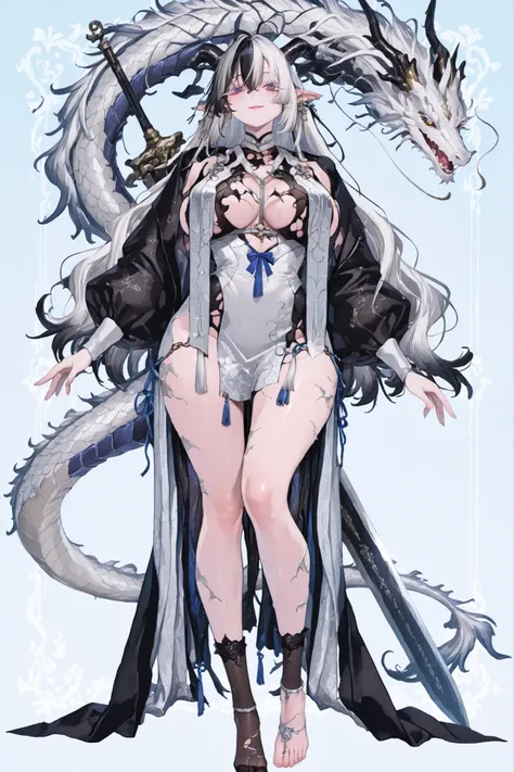   8k wallpaper、    top quality 、masterpiece,   748cm スThailandル   、sexy black bralette dress with fishnet top beneath,   woman 1 person、ribbon、piercings and earrings on her ears,  pointy elf ears, black ripped pelvic curtain dress、 cute black oversized coa...