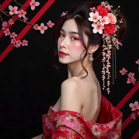 A realistic, design-oriented poster. It depicts a beautiful woman in a kimono ( muscle body) with a hairstyle resembling fresh flowers. The flowers are woven into her hair, becoming one with it. The fresh flowers are vibrant and blooming profusely. She is ...
