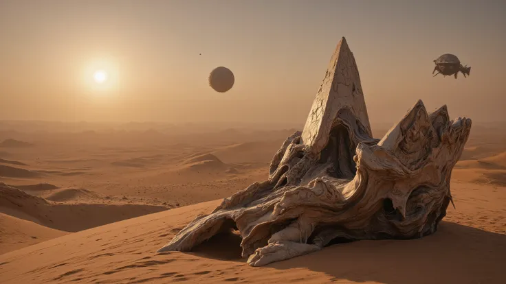 Desolate crystalline desert on a forgotten planet, massive fossilized remains of an ancient alien creature half-buried in sand, strange geometric monoliths floating above the surface, two suns setting on the horizon casting long shadows, abandoned spacecra...