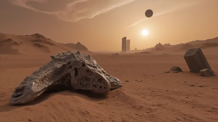 Desolate crystalline desert on a forgotten planet, massive fossilized remains of an ancient alien creature half-buried in sand, strange geometric monoliths floating above the surface, two suns setting on the horizon casting long shadows, abandoned spacecra...