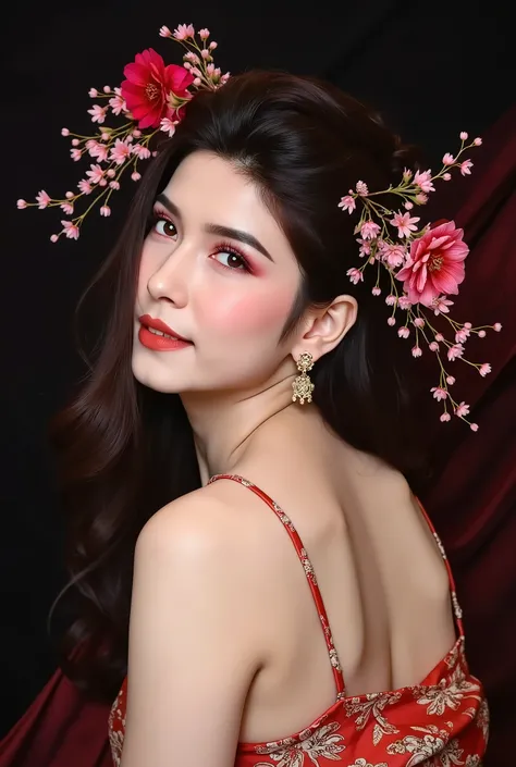 A realistic, design-oriented poster. It depicts a beautiful woman in a kimono with a hairstyle resembling fresh flowers. The flowers are woven into her hair, becoming one with it. The fresh flowers are vibrant and blooming profusely. She is tilting her hea...