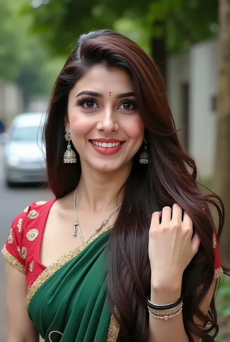 daytime view, close up shot of vedhika from front view, show navel, wearing saree, walking in forest, looking to camera, dynamic pose, big and curvy cheeks, hourglass figure, sexy navel, swooping breasts, ponytail, necklace, (cinematic:1.3), intricate deta...