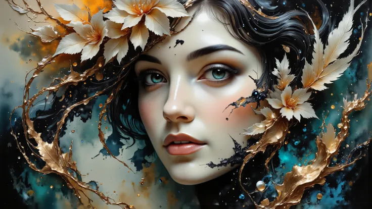 An ethereal portrait of a woman, her face a study in sculpted serenity. Delicate features are rendered in shades of ivory and pearl, adorned with glistening droplets that evoke a sense of timeless beauty. Swirling, feather-like forms surround her, creating...