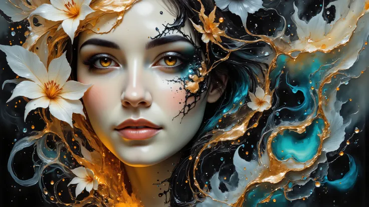 An ethereal portrait of a woman, her face a study in sculpted serenity. Delicate features are rendered in shades of ivory and pearl, adorned with glistening droplets that evoke a sense of timeless beauty. Swirling, feather-like forms surround her, creating...