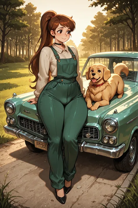 Princess Marco. brown eyes, very long hair, brown hair, ponytail. very small breasts. huge hips. slim body. choker. femboy, crossdressing,| 1950s movie. In the 1950s, a girl wearing a fitted sweater gently strokes the soft fur of a retriever lying comforta...