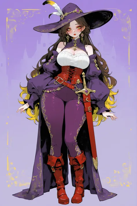 (0__11Xx_illu,duobaan,) The girl is an bard/minstrel. She has a wiry feminine body with rounded thick wide hips and big breasts. She has long wavy loose dark brown hairstyle with gold highlighted bleached dyed strands. She has yellow eyes. She has soft act...