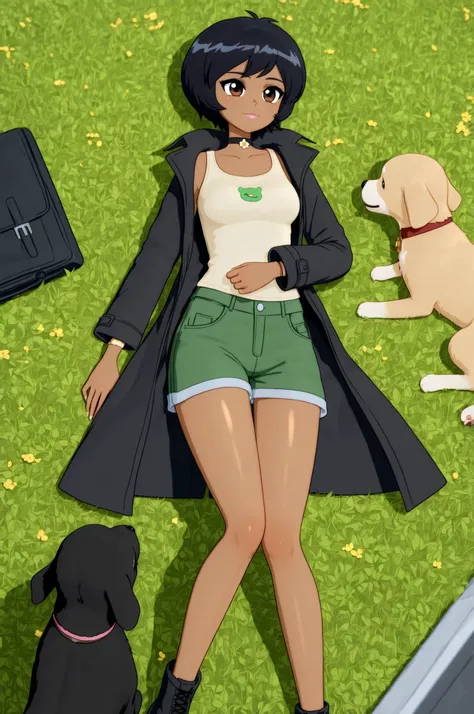  totally_spies_2k24 alex, black hair, short hair, brown eyes, dark-skinned female, pink lips, medium breasts, choker. | 1950s movie. In the 1950s, a young girl wearing a fitted white sweater gently strokes the soft fur of a retriever lying comfortably on a...