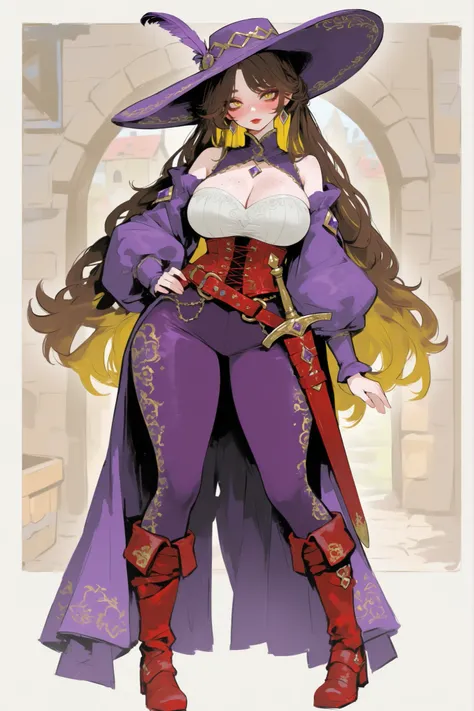 (0__11Xx_illu,duobaan,) The girl is an bard/minstrel. She has a wiry feminine body with rounded thick wide hips and big breasts. She has long wavy loose dark brown hairstyle with gold highlighted bleached dyed strands. She has yellow eyes. She has soft act...