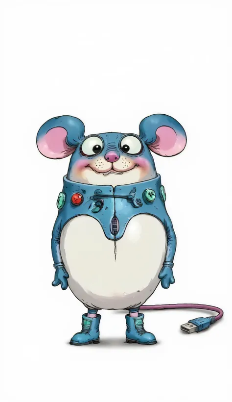 charming computer mouse character for a children's cartoon, big round eyes with long eyelashes and shiny pupils, two voluminous buttons on the head instead of ears with cute glowing ones, indicators are a long flexible USB cable instead of a tail that can ...