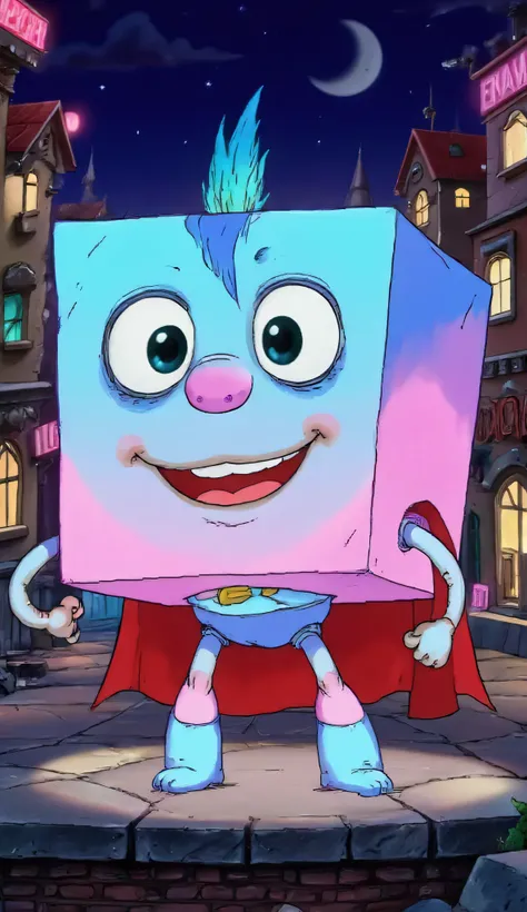 cute anthropomorphic cubic pixel with big expressive eyes and a big smile, flexible cartoon arms and legs, his cubic body smoothly shimmers with different bright colors from blue to pink, soft glow around the edges, on top of his head A funny crest of smal...