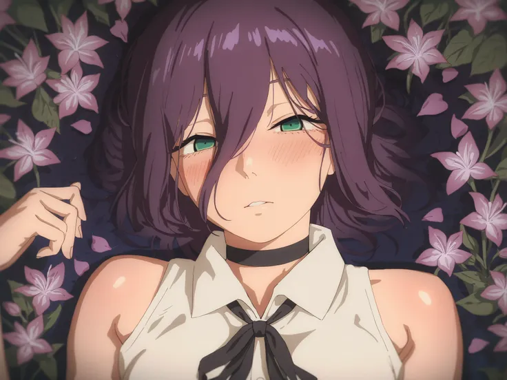 correct fingers, reze, black choker, purple hair, choker, eyebrows hidden by hair, green eyes, hair between eyes, long bangs, medium hair, reze from chainsaw man,  bare shoulders, black ribbon, collar, collared shirt, neck ribbon, ribbon, shirt, sleeveless...