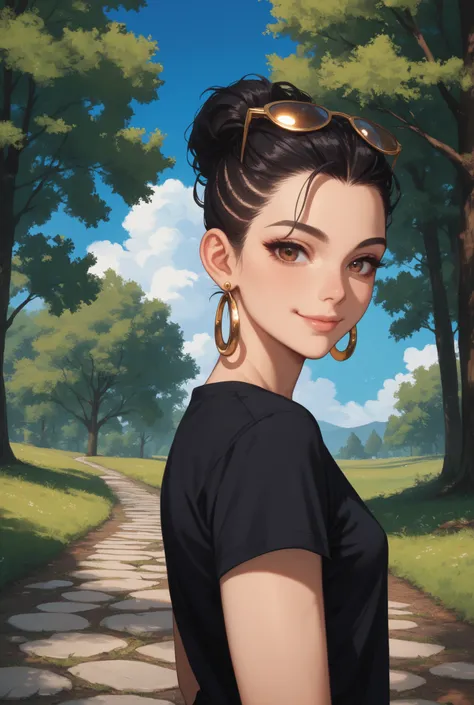 perfect face, feminine, black hair, long slicked back hair, forehead, black thin eyebrows, brown eyes, sunglass round on head, gold earring, smile, black t-shirt, small breasts, from side, looking at viewer, (blue sky, trees, lawn, grass, stone road)