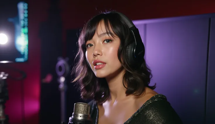 (((A attractive girl black hair with blonde highlights with phtalo green eye))) (attractive young woman:1.3), (sweet & shy), (Thick lips:0 . 9), singing passionately into a studio microphone, wearing studio headphones, ((Modern music studio background)), (...