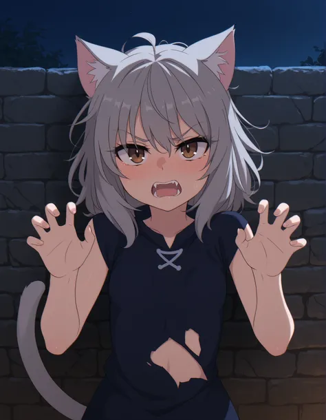 zzz0nkn4w,, 1girl, petite, (skinny and frail:0.7), cat girl, against wall, stone wall, brown eyes,looking at viewer, grey hair, medium hair, messy hair, angry, (scared:0.4), (open mouth:0.5), fangs, hands up, (tearing up:0.5), tail raised, torn clothes, st...