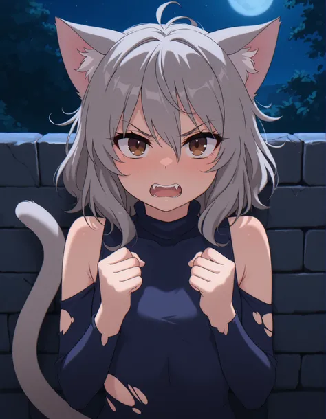zzz0nkn4w,, 1girl, petite, (skinny and frail:0.7), cat girl, against wall, stone wall, brown eyes,looking at viewer, grey hair, medium hair, messy hair, angry, (scared:0.4), (open mouth:0.5), fangs, hands up, (tearing up:0.5), tail raised, torn clothes, st...