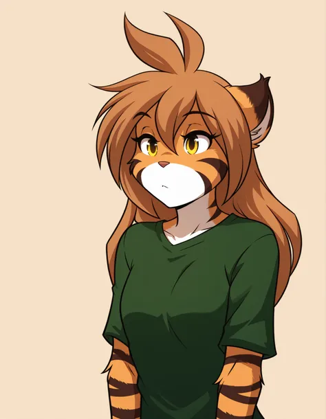 zzz0nkn4w,, furry, solo, flora-twokinds, flora_twokinds,, tiger, striped fur, keidran, yellow eyes, anthro, simple background,,, green shirt