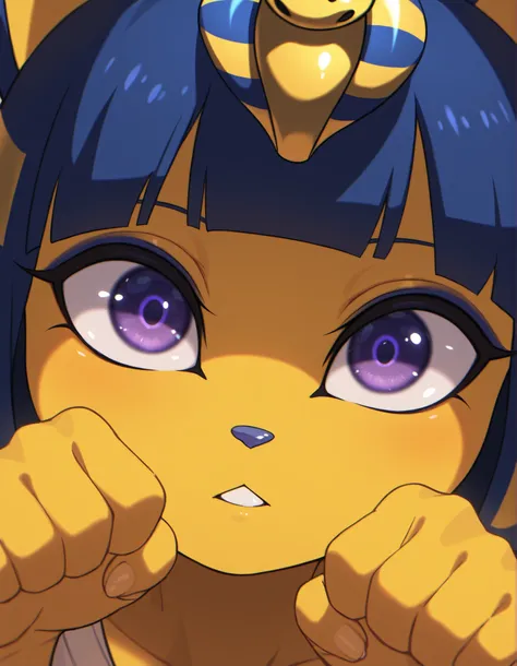 zzz0nkn4w,, depth of field, 1girl, furry, ankha \(animal crossing\), expressionless, eye reflection, yellow background, yellow theme, blue background, desert,, purple eyes, glowing eyes, wide-eyed, paw pose, looking at viewer, close-up, parted lips,