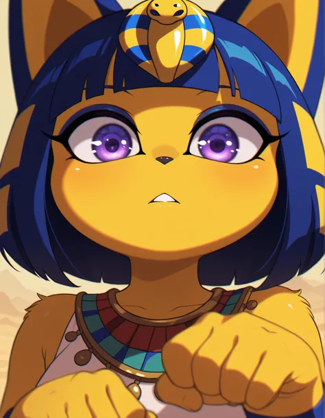 zzz0nkn4w,, depth of field, 1girl, furry, ankha \(animal crossing\), expressionless, eye reflection, yellow background, yellow theme, blue background, desert,, purple eyes, glowing eyes, wide-eyed, paw pose, looking at viewer, close-up, parted lips,