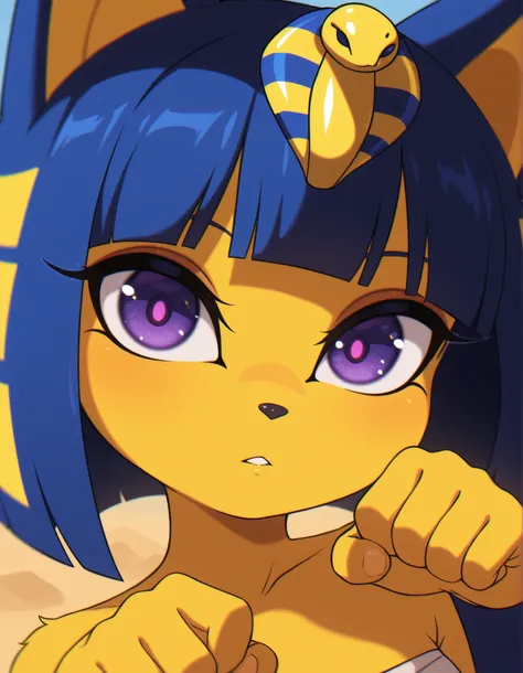 zzz0nkn4w,, depth of field, 1girl, furry, ankha \(animal crossing\), expressionless, eye reflection, yellow background, yellow theme, blue background, desert,, purple eyes, glowing eyes, wide-eyed, paw pose, looking at viewer, close-up, parted lips,
