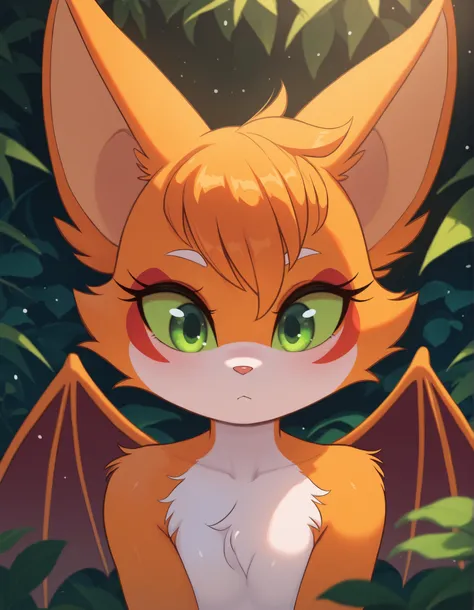 zzz0nkn4w,, masterpiece, best quality, very aesthetic, (1girl:0.7),, (solo:1.3), furry, fidget \(elysian tail\), nimbat, fidget_daet, anthro, furry female, wings, tail, green eyes, colored sclera, bat wings, facial markings, orange fur, white fur, two-tone...