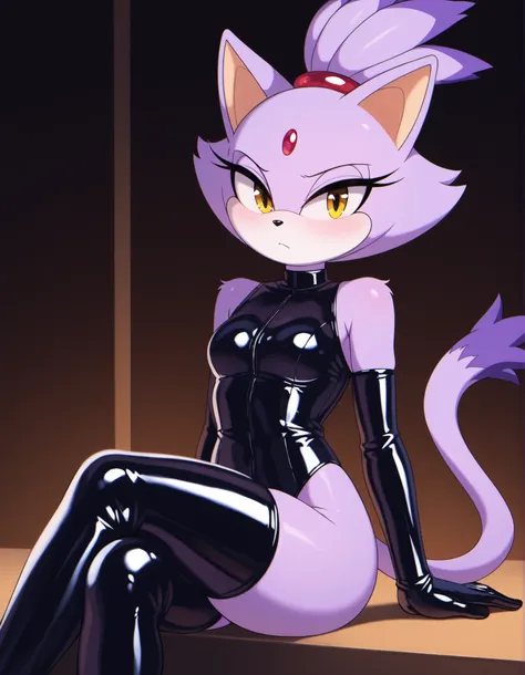 zzz0nkn4w,, 1girl, solo, latex, latex gloves, latex legwear, crossed legs, looking at viewer, relaxed expression, furry, blaze the cat, purple fur, topknot, ponytail, cat tail, yellow eyes, extremely detailed, highres, masterpiece, best quality,