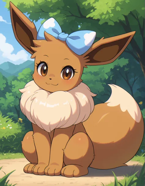 zzz0nkn4w,, pokekid, eevee, fluffy girl, furry girl, female, smile, smiling, has a big pretty bow in her hair, has animal paws for hands, 1girl, best quality, outdoors, high definition, cute,