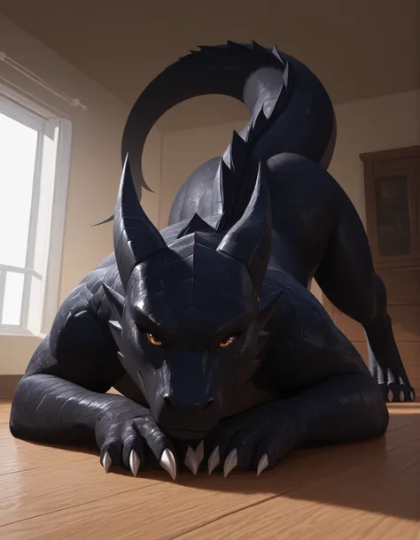 zzz0nkn4w,, masterpiece, best quality, newest, absurdres, highres, male, side view, feral, solo, dragon, indoors, lying, on front, black body, raised tail, black scales, digitigrade, 4 toes, claws, looking at viewer, (realistic, photorealism, detailed), ...
