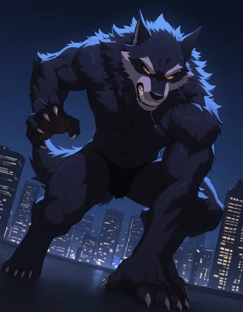zzz0nkn4w, masterpiece, best quality, newest, absurdres, highres, male, solo, 1boy, standing, looking at another, muscular, anthro, fur, fluffy, detailed fur, night, city, dark theme, neon, (action pose:1.2), angry, claws, tail, digitigrade, werewolf, t...