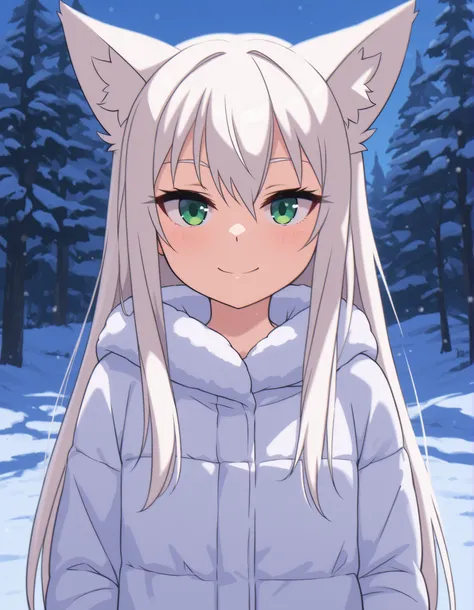 zzz0nkn4w,, anime, solo, BREAK, young fox girl, skinny and frail, (petite,cute:0.5), green eyes, looking at viewer, long hair, white hair, smile, winter clothes, outdoors, winter