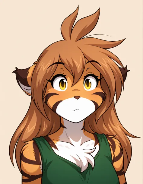 z0nkn3w,, furry, solo, flora-twokinds, flora_twokinds,, tiger, striped fur, keidran, yellow eyes, anthro, simple background,,, green shirt