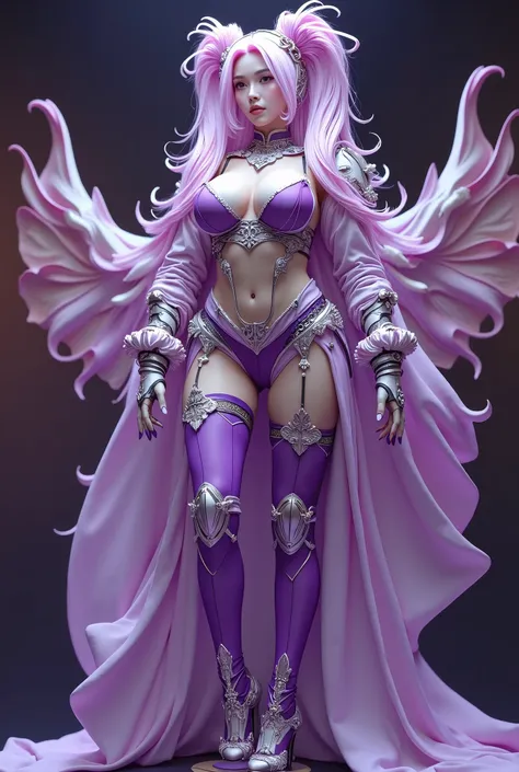 Close-up potrait of beauty braids haired woman , (Large breasts, slim waist, thick hips and thighs, white and purple gradient hair, thick and long two braids, breast armor, pelvic curtain, elbow gloves, asymmetrical tights, long boots, high heels, transpar...