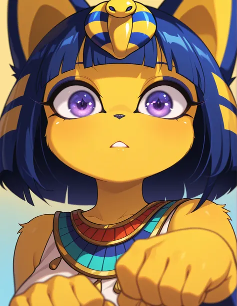 z0nkn3w,, depth of field, 1girl, furry, ankha \(animal crossing\), expressionless, eye reflection, yellow background, yellow theme, blue background, desert,, purple eyes, glowing eyes, wide-eyed, paw pose, looking at viewer, close-up, parted lips,