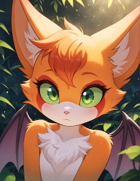 z0nkn3w,, masterpiece, best quality, very aesthetic, (1girl:0.7),, (solo:1.3), furry, fidget \(elysian tail\), nimbat, fidget_daet, anthro, furry female, wings, tail, green eyes, colored sclera, bat wings, facial markings, orange fur, white fur, two-tone f...