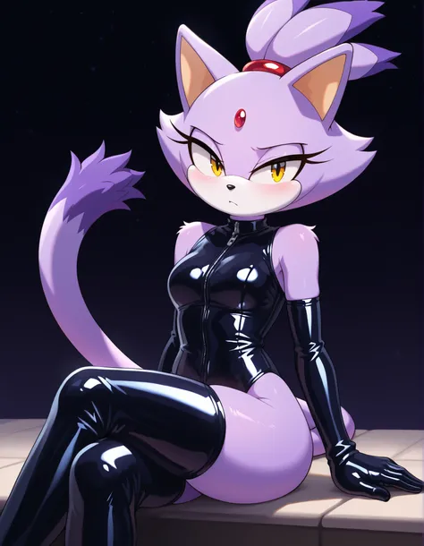 z0nkn3w,, 1girl, solo, latex, latex gloves, latex legwear, crossed legs, looking at viewer, relaxed expression, furry, blaze the cat, purple fur, topknot, ponytail, cat tail, yellow eyes, extremely detailed, highres, masterpiece, best quality,