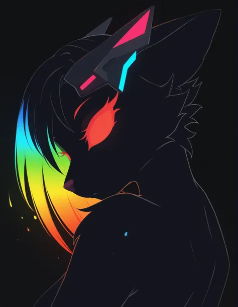 zzz0nkn4w,, furry girl, anthro, facing sideways, elegant pose, silhouette body, (glossy black fur), (neon outlines), (flat lighting), exploding fractals, liquid neon paint, splash effect, rainbow iridescent hair, gradient glow, (triadic colors), (spot colo...