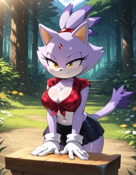 z0nkn3w,, solo, 1girl, blaze the cat, furry, shiny skin, short stack, (wide hips:0.8), white gloves, cleavage, black miniskirt, midriff, red checkered knotted top, tied shirt, BREAK smile, smug, BREAK night, forest background, (mountains:1.1), flower, wood...
