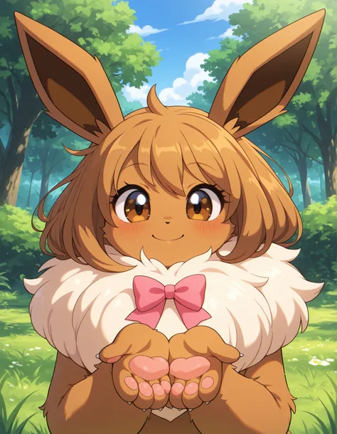 z0nkn3w,, pokekid, eevee, fluffy girl, furry girl, female, smile, smiling, has a big pretty bow in her hair, has animal paws for hands, 1girl, best quality, outdoors, high definition, cute,