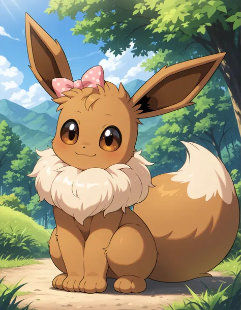 z0nkn3w,, pokekid, eevee, fluffy girl, furry girl, female, smile, smiling, has a big pretty bow in her hair, has animal paws for hands, 1girl, best quality, outdoors, high definition, cute,