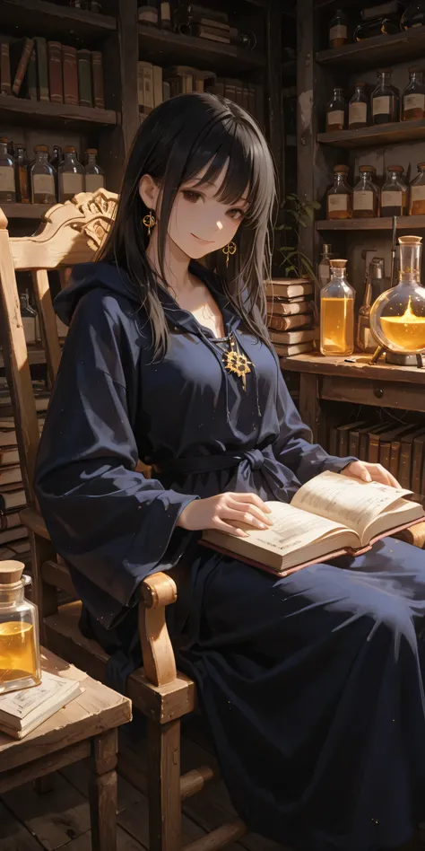Highest Quality、realistic depiction based on Ref1、mystical atmosphere、girl doing alchemy research in an abandoned laboratory、Semi-long black hair and big brown eyes、Wearing a dark blue robe with gold decorations、I'm sitting on a heavy wooden chair and open...
