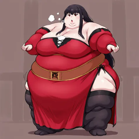 celeste, black hair, long hair, bangs, sidelocks, red eyes,
red strapless dress, long dress, detached sleeves, red bridal gauntlets, sash, side slit, black thighhigh, fat, chubby, obese, fat neck, multiple chins, big breasts open mouth, out of breath, Larg...