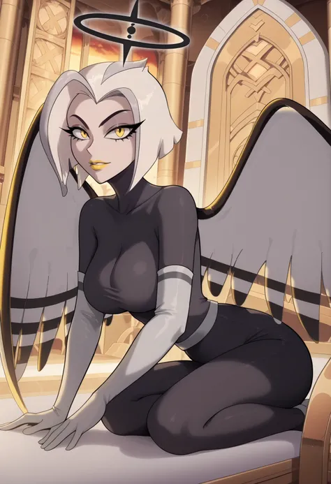 Woman, anime style, large breasts, yellow lipstick, white skin, yellow eyes, white hair, focus on the character, looking at the viewer, angel wings, solo, sitting on a golden throne, side view, illuminated room, white room, golden sky, yellowish sky, gray ...